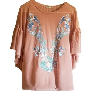Zara Orange Floral Top Sheer Applique Blouse Bohemian Y2K Cover Up Womens Sz L